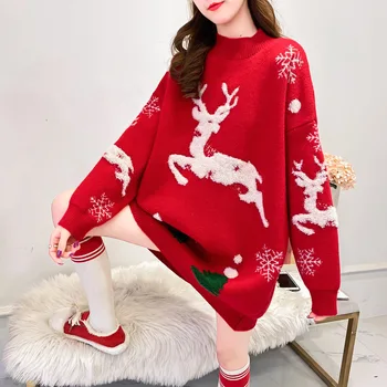 Qiu донг сезон е по-нов червен коледен пуловер женски замрял мързелив вятър извън жаккардового трикотаж