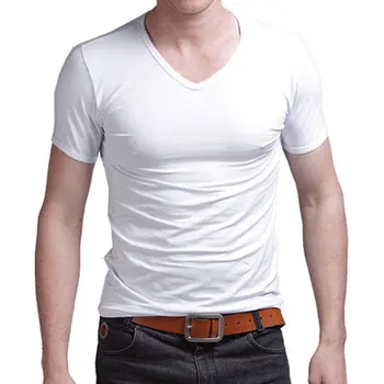 2022 Мъжка Еластична, Модна Тениска С Къс Ръкав, Однотонная Тънка Риза с V-образно деколте